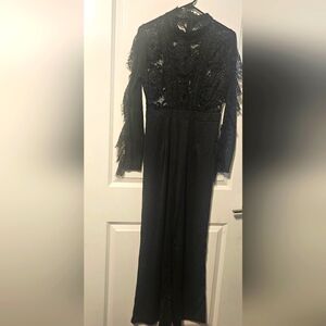 Women's lace top long sleeve satin polyester bottom formal jumpsuit